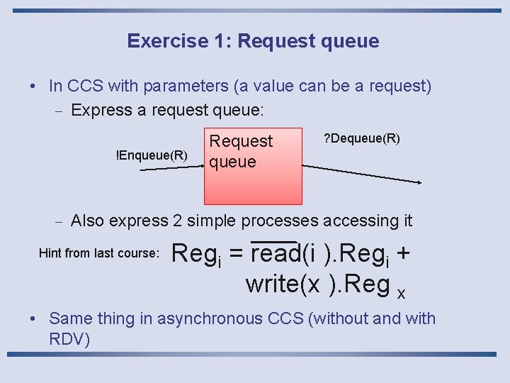 Exercise 1: Request queue • In CCS with parameters (a value can be a