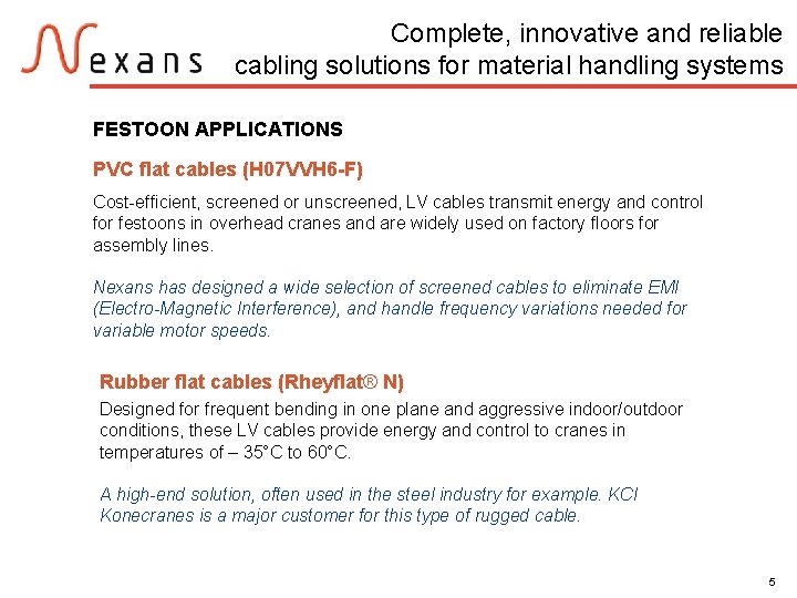 Complete, innovative and reliable cabling solutions for material handling systems FESTOON APPLICATIONS PVC flat