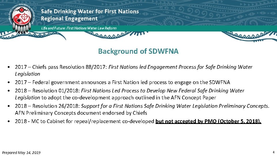 Background of SDWFNA • 2017 – Chiefs pass Resolution 88/2017: First Nations led Engagement