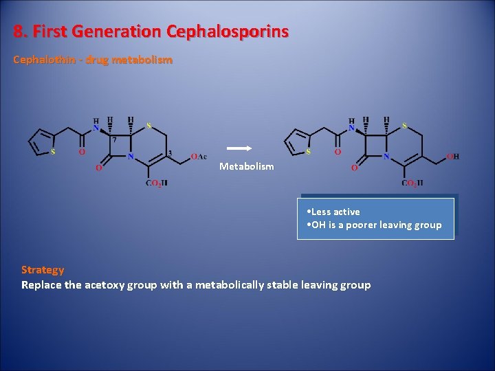 8. First Generation Cephalosporins Cephalothin - drug metabolism Metabolism • Less active • OH