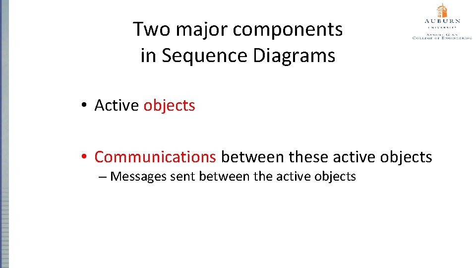 Two major components in Sequence Diagrams • Active objects • Communications between these active