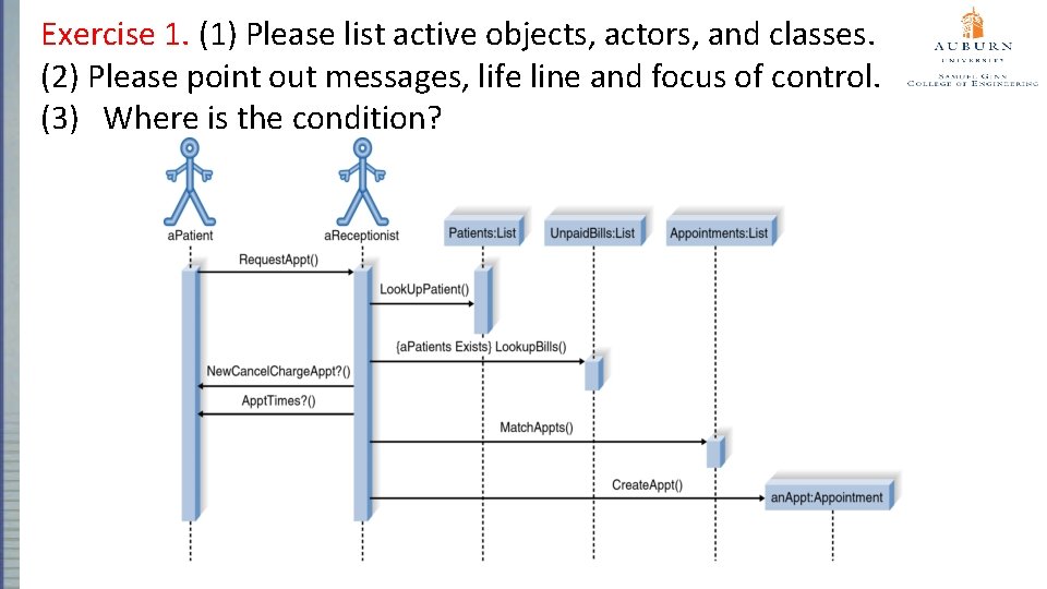 Exercise 1. (1) Please list active objects, actors, and classes. (2) Please point out