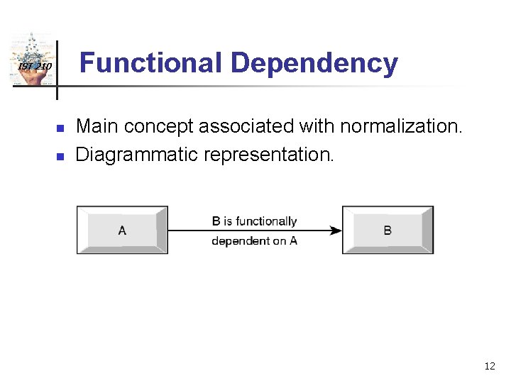 Functional Dependency IST 210 n n Main concept associated with normalization. Diagrammatic representation. 12