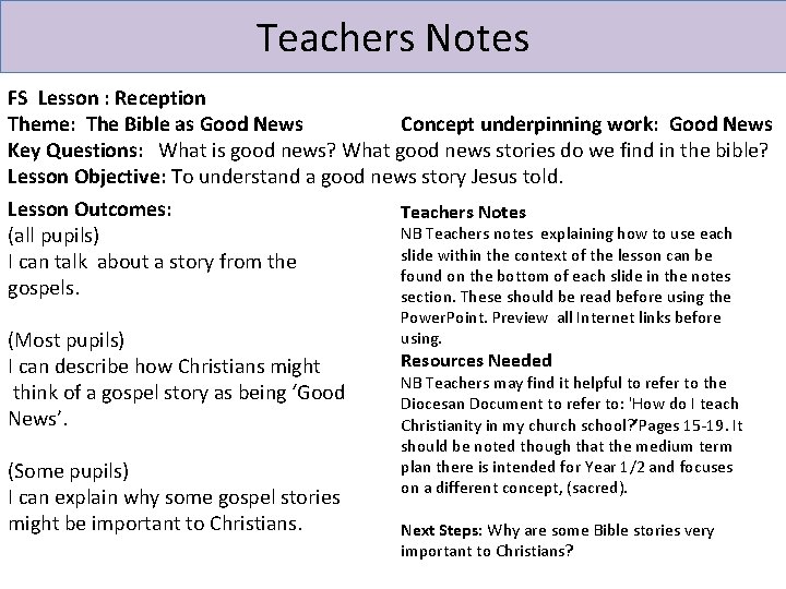 Teachers Notes FS Lesson : Reception Theme: The Bible as Good News Concept underpinning