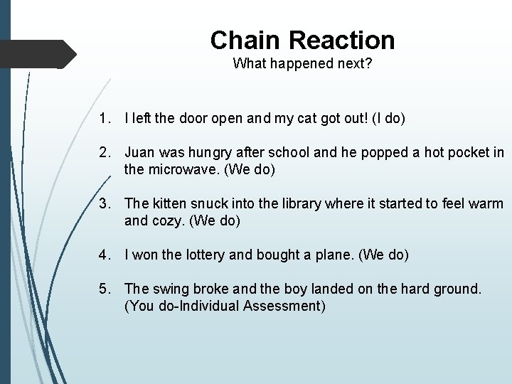 Chain Reaction What happened next? 1. I left the door open and my cat