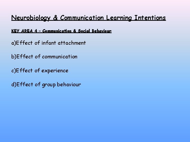 Neurobiology & Communication Learning Intentions KEY AREA 4 – Communication & Social Behaviour a)Effect