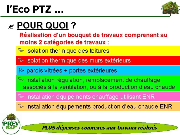  l’Eco PTZ … POUR QUOI ? POUR QUOI Réalisation d’un bouquet de travaux