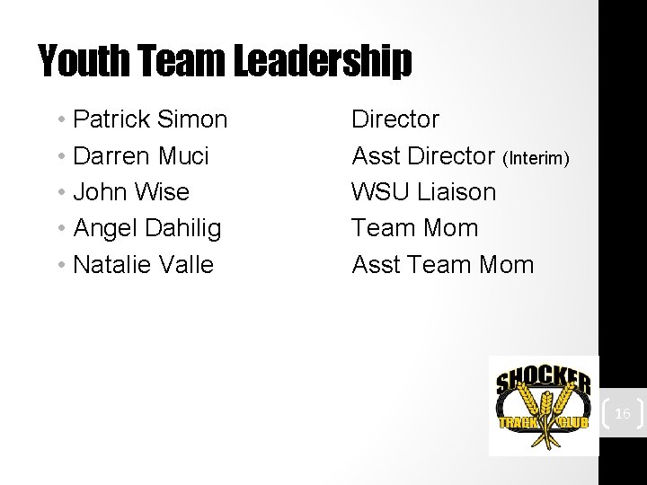 Youth Team Leadership • Patrick Simon • Darren Muci • John Wise • Angel