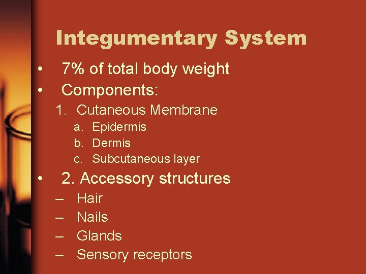 Integumentary System • • 7% of total body weight Components: 1. Cutaneous Membrane a.