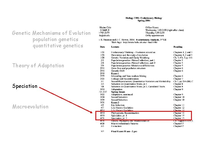 Genetic Mechanisms of Evolution population genetics quantitative genetics Theory of Adaptation Speciation Macroevolution 