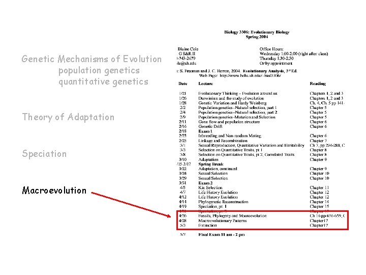 Genetic Mechanisms of Evolution population genetics quantitative genetics Theory of Adaptation Speciation Macroevolution 