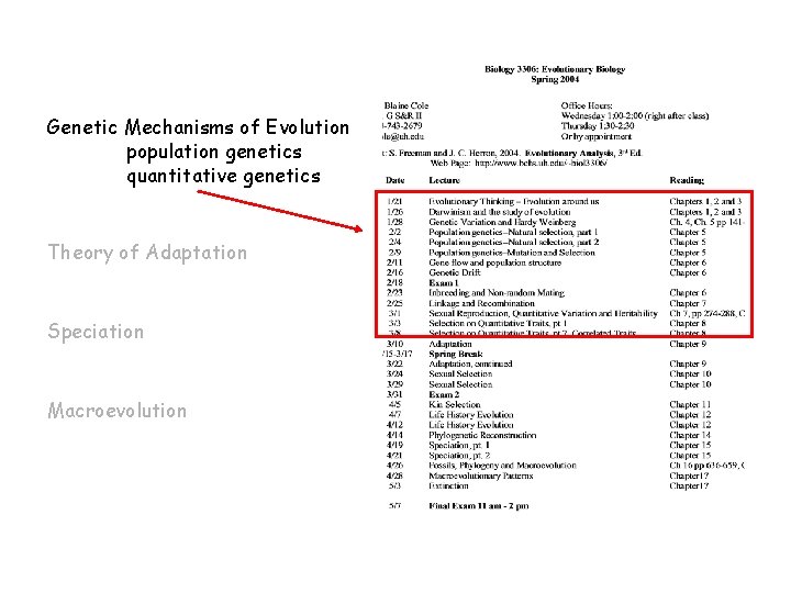 Genetic Mechanisms of Evolution population genetics quantitative genetics Theory of Adaptation Speciation Macroevolution 