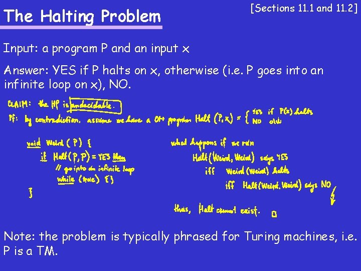 The Halting Problem [Sections 11. 1 and 11. 2] Input: a program P and