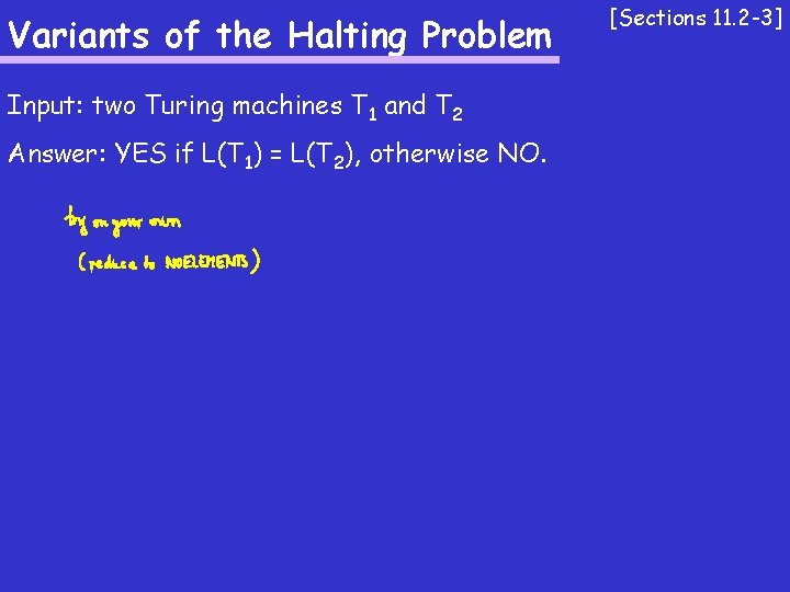 Variants of the Halting Problem Input: two Turing machines T 1 and T 2