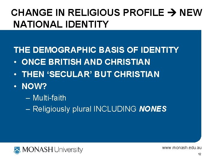 CHANGE IN RELIGIOUS PROFILE NEW NATIONAL IDENTITY THE DEMOGRAPHIC BASIS OF IDENTITY • ONCE