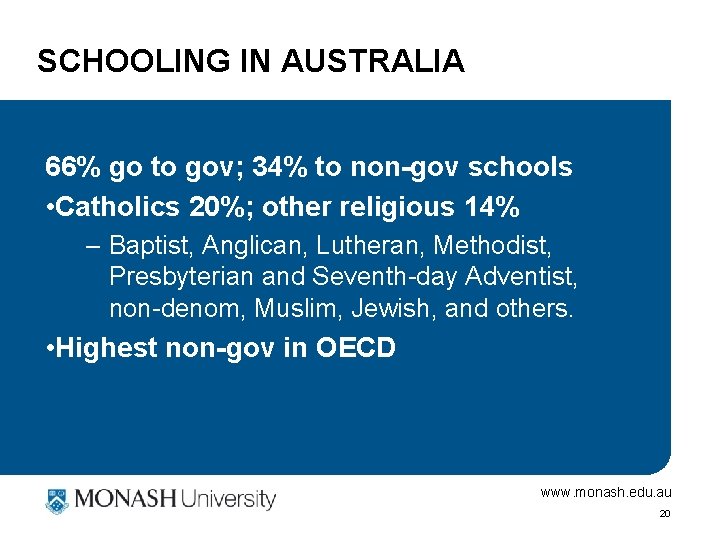 SCHOOLING IN AUSTRALIA 66% go to gov; 34% to non-gov schools • Catholics 20%;