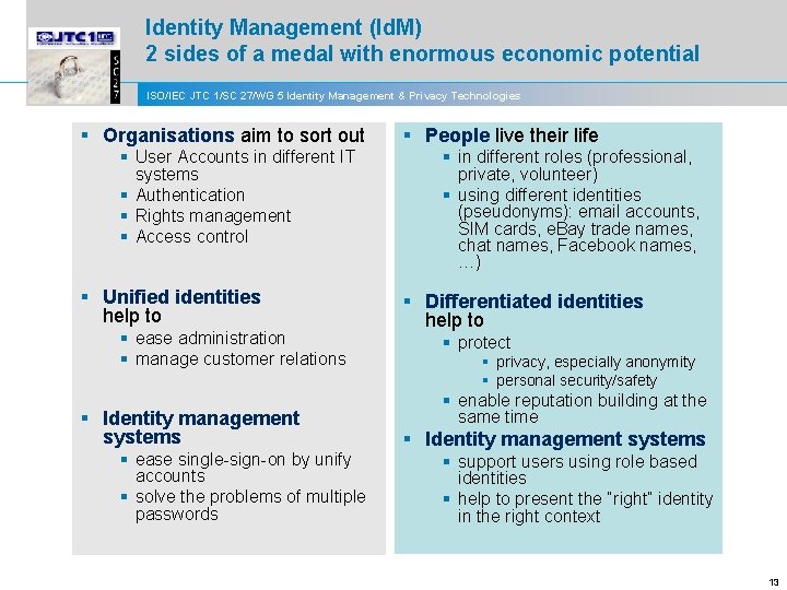 Identity Management (Id. M) 2 sides of a medal with enormous economic potential ISO/IEC