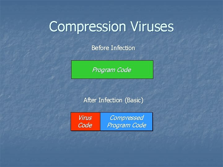 Compression Viruses Before Infection Program Code After Infection (Basic) Virus Compressed Program Code 