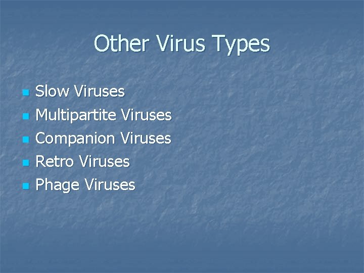 Other Virus Types n n n Slow Viruses Multipartite Viruses Companion Viruses Retro Viruses