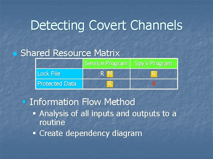 Detecting Covert Channels n Shared Resource Matrix Lock File Protected Data Service Program Spy’s
