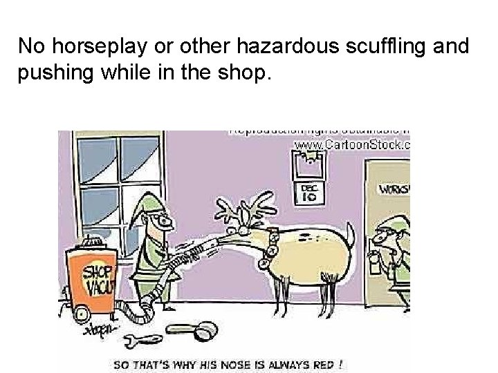 No horseplay or other hazardous scuffling and pushing while in the shop. 