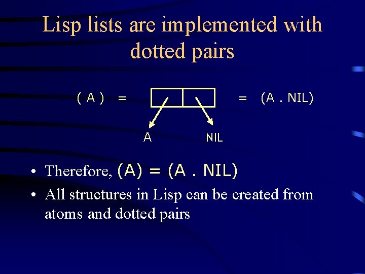 Lisp lists are implemented with dotted pairs (A) = = A (A. NIL) NIL