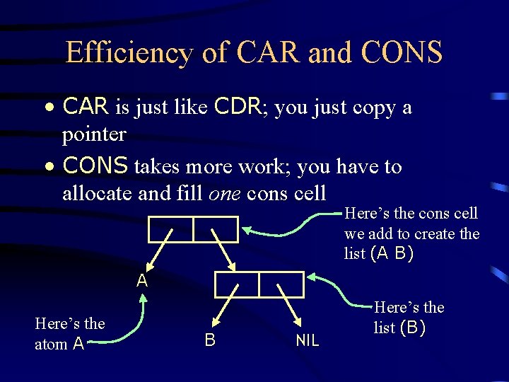 Efficiency of CAR and CONS • CAR is just like CDR; you just copy