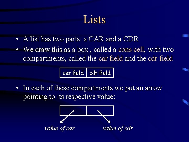 Lists • A list has two parts: a CAR and a CDR • We