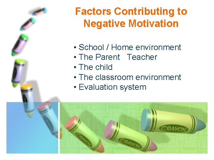 Factors Contributing to Negative Motivation • School / Home environment • The Parent Teacher
