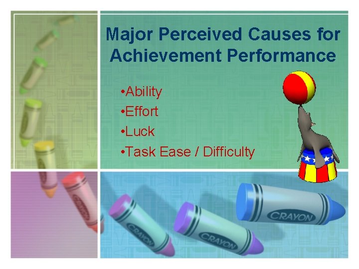 Major Perceived Causes for Achievement Performance • Ability • Effort • Luck • Task