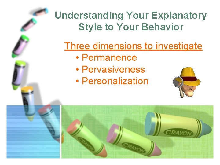 Understanding Your Explanatory Style to Your Behavior Three dimensions to investigate • Permanence •