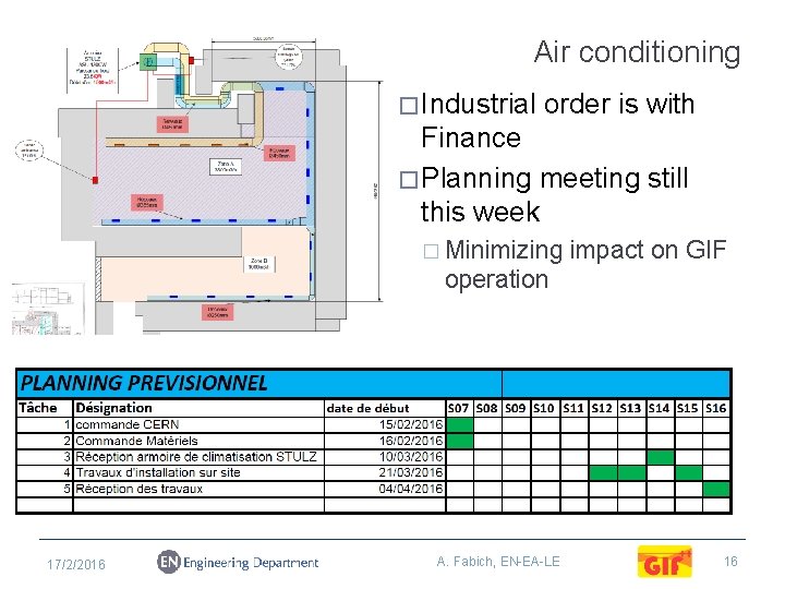 Air conditioning � Industrial order is with Finance � Planning meeting still this week