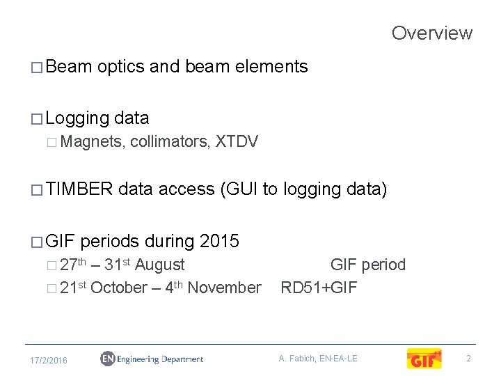 Overview � Beam optics and beam elements � Logging data � Magnets, � TIMBER