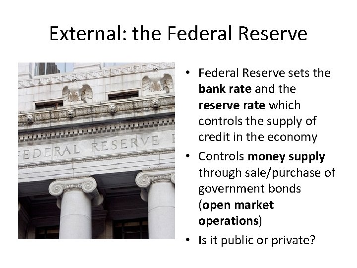 External: the Federal Reserve • Federal Reserve sets the bank rate and the reserve