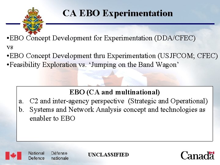USJFCOM/J 9/JPP/MNE Unclassified CA EBO Experimentation • EBO Concept Development for Experimentation (DDA/CFEC) vs