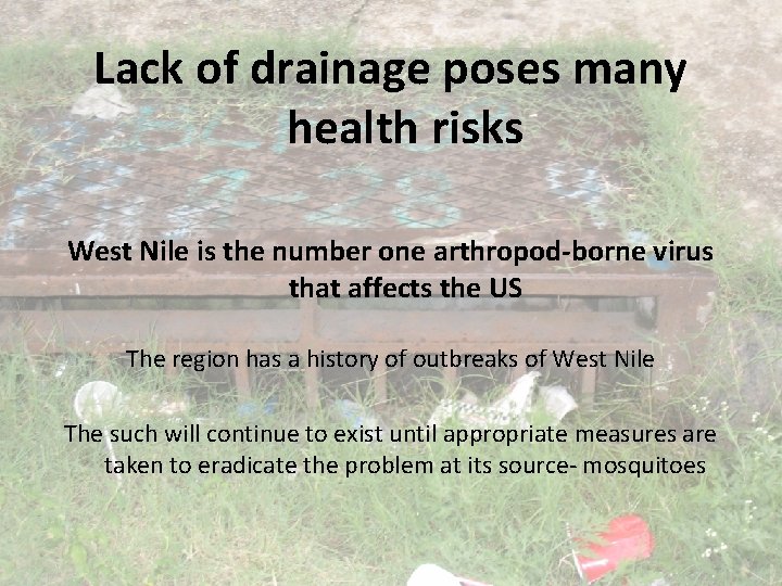 Lack of drainage poses many health risks West Nile is the number one arthropod-borne