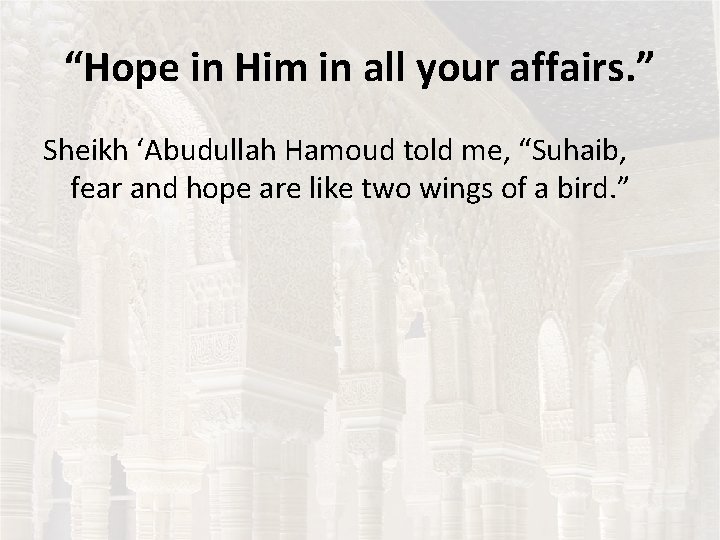 “Hope in Him in all your affairs. ” Sheikh ‘Abudullah Hamoud told me, “Suhaib,