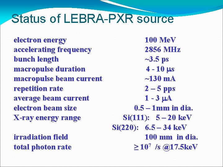 Status of LEBRA-PXR source electron energy 100 Me. V accelerating frequency 2856 MHz bunch