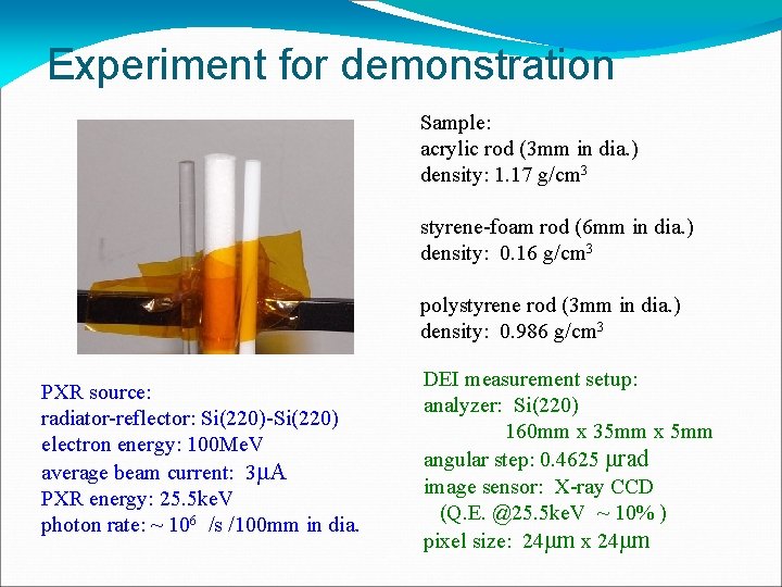 Experiment for demonstration Sample: acrylic rod (3 mm in dia. ) density: 1. 17