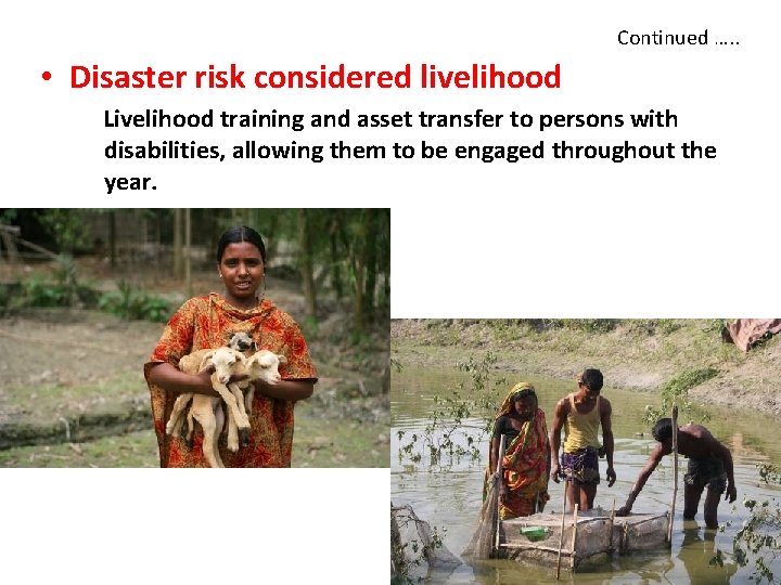 Continued …. . • Disaster risk considered livelihood Livelihood training and asset transfer to
