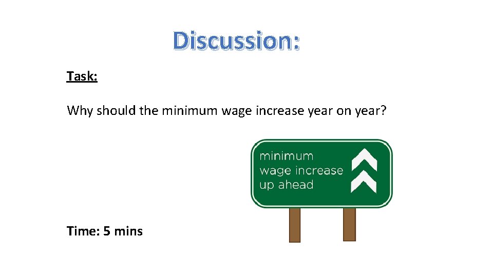 Discussion: Task: Why should the minimum wage increase year on year? Time: 5 mins
