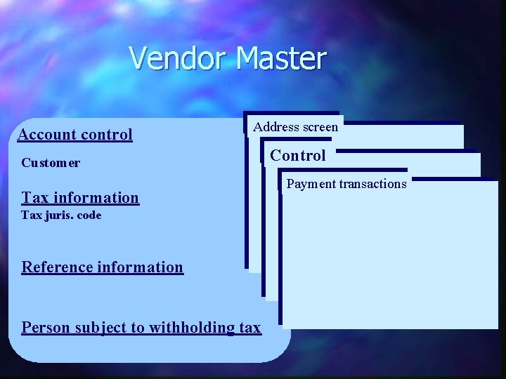 Vendor Master Account control Address screen Customer Tax information Tax juris. code Reference information