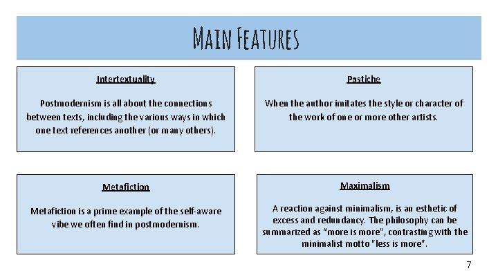 Main Features Intertextuality Pastiche Postmodernism is all about the connections between texts, including the