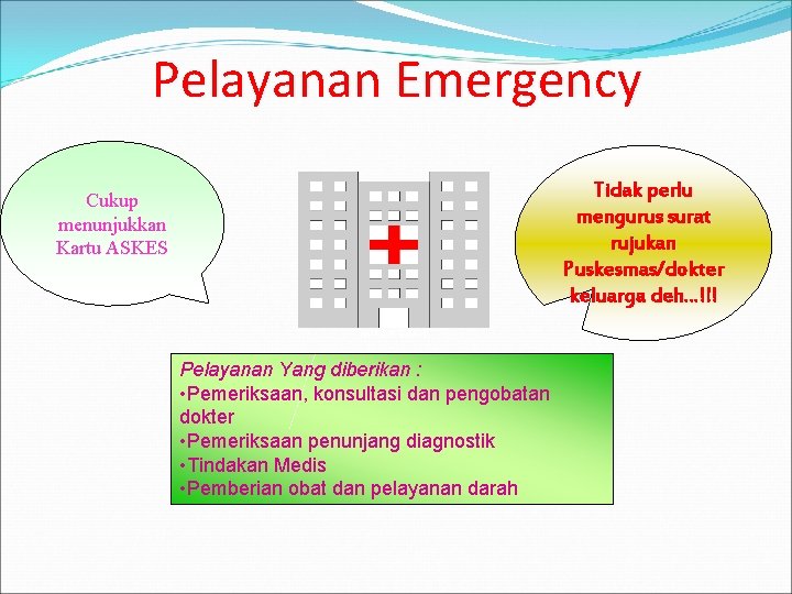 Pelayanan Emergency Tidak perlu mengurus surat rujukan Puskesmas/dokter keluarga deh…!!! Cukup menunjukkan Kartu ASKES