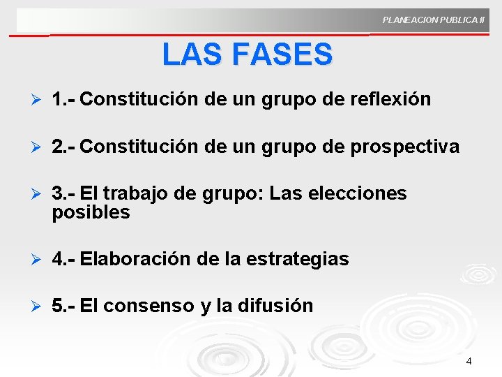 PLANEACION PUBLICA II LAS FASES Ø 1. - Constitución de un grupo de reflexión