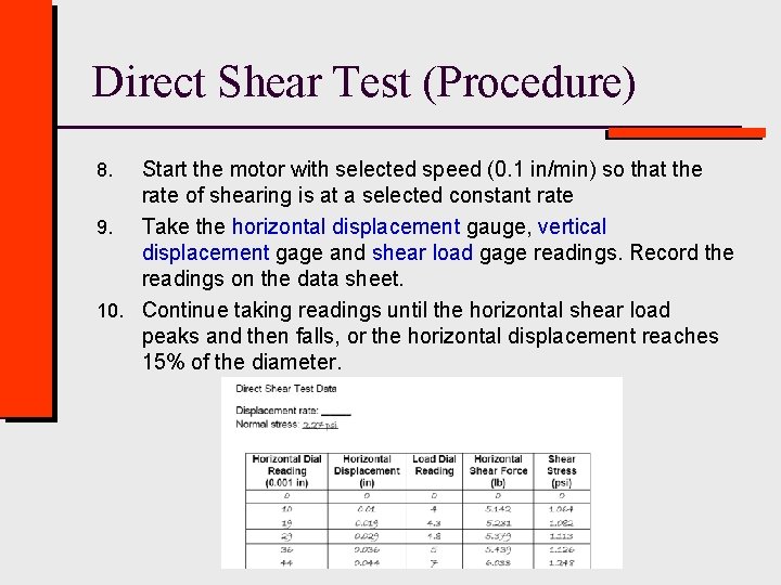 Direct Shear Test (Procedure) Start the motor with selected speed (0. 1 in/min) so