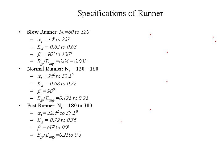 Specifications of Runner • • • Slow Runner: Ns=60 to 120 – ai =