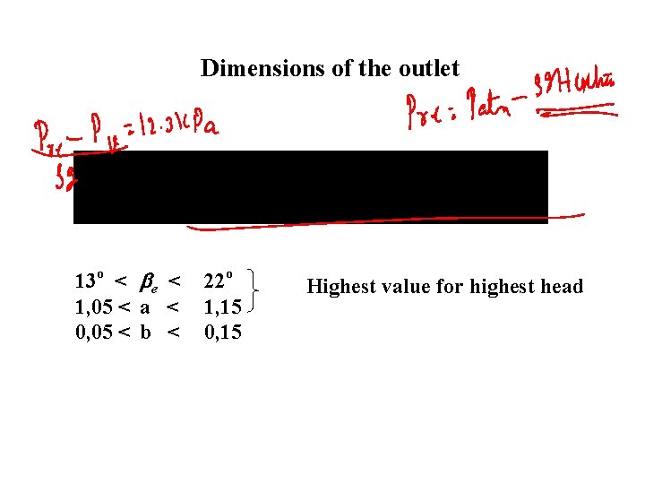 Dimensions of the outlet 13 o < be < 1, 05 < a <