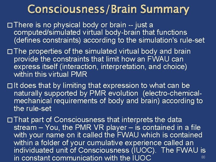 Consciousness/Brain Summary � There is no physical body or brain -- just a computed/simulated