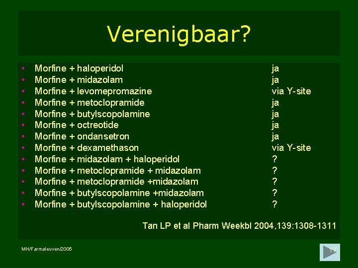 Verenigbaar? • • • • Morfine + haloperidol Morfine + midazolam Morfine + levomepromazine